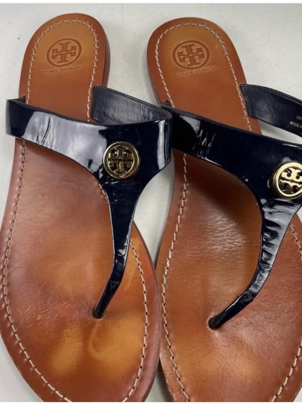 Tory Burch Black Patent Miller Thong Sandals with Gold Logo